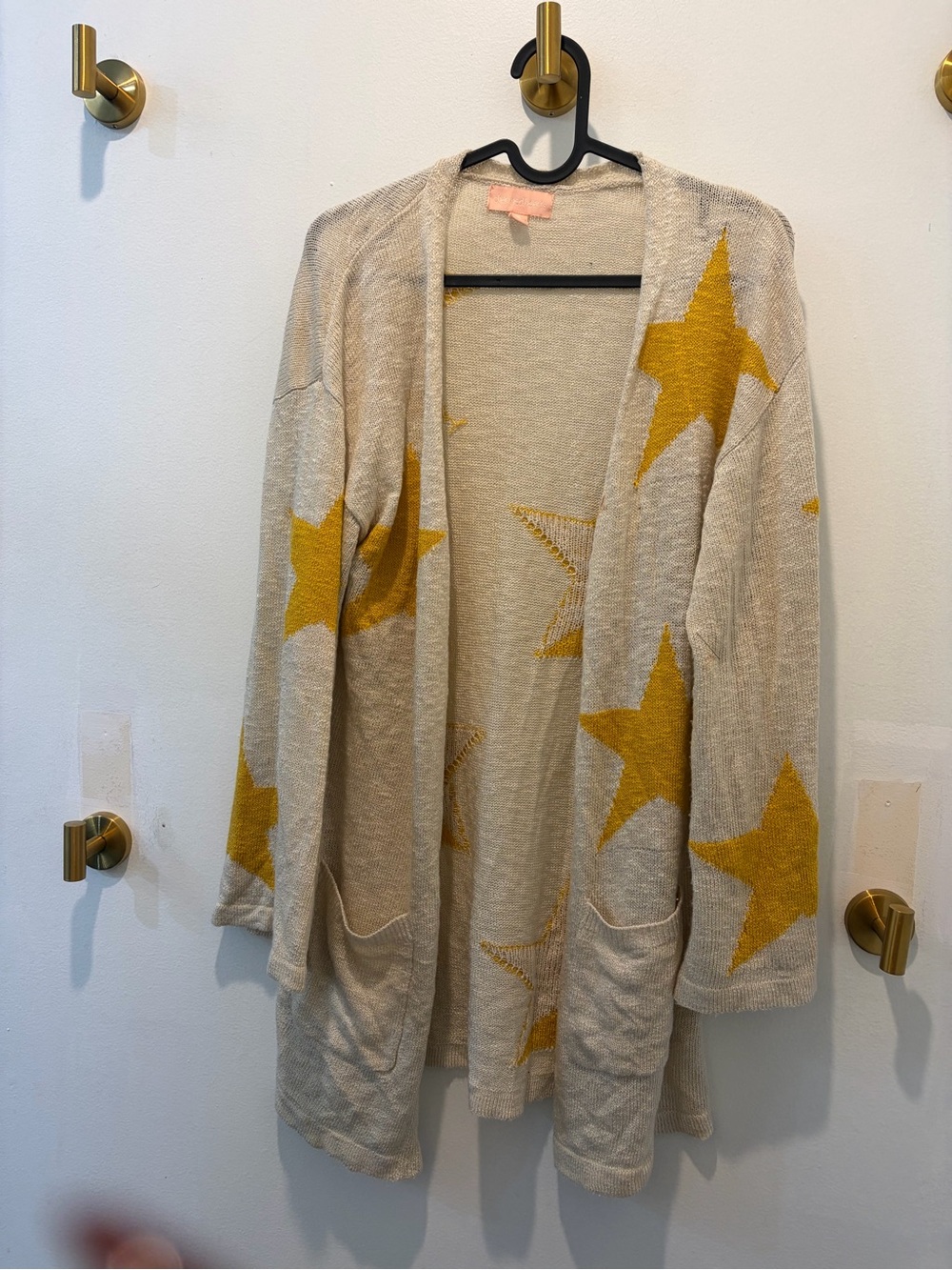 Open-Front Star Print Cardigan Sweater - Cream & Mustard